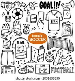 Doodle Vector Set: Soccer Sport Equipment And Objects Such As Soccer Ball, Jersey, Goal, Score, Etc. Black And White Line Illustration