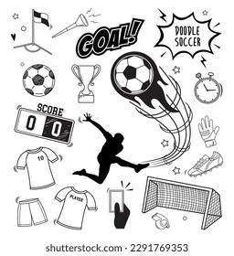 Doodle vector set: Soccer sport equipment and objects such as soccer ball, jersey, goal, score, etc. Black and white line illustration