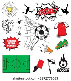 Doodle vector set: Soccer sport equipment and objects such as soccer ball, jersey, goal, globe, corner,etc