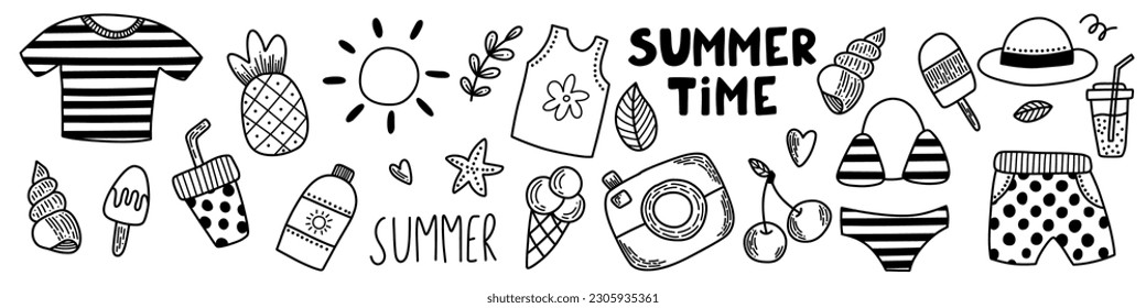 Doodle vector set of summer staff. Beach vacation travelling concept. Life balance and well-being. Black and white handdrawn pack of icons. Positive lettering. Itinerary map route for life balance. 
