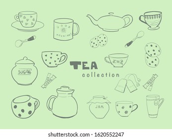 Doodle vector set of tea, tea cups, teapots, cookies, spoons. Hand drawn tea set. Sketch tea set