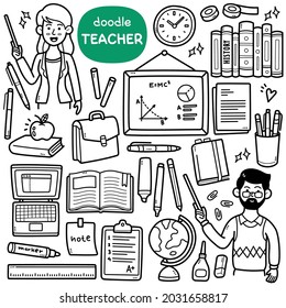 Doodle Vector Set: Teacher Related Objects And Elements Such As Whiteboard, Books, Globe, Bag, Etc. Black And White Line Illustration