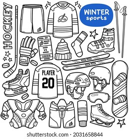 Doodle vector set: Winter sports equipments   objects such as hockey stick  snowboarding board  ski poles  googles  etc  Black   white line illustration