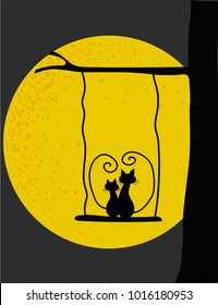 doodle vector silhouette couple of lover cat sitting on swing under tree, watching a big bright full moon together, idea for love, valentine and printing work. 