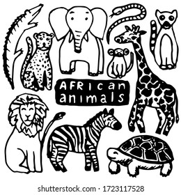 Doodle vector sketch with african animals: lion, monkey, snake, zebra and others.