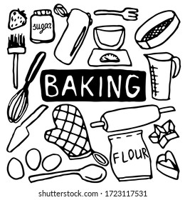 Doodle vector sketch with baking and cooking supplies.