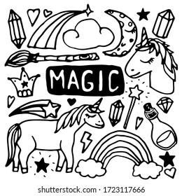 Doodle vector sketch with magic unicorns, gems, rainbow.