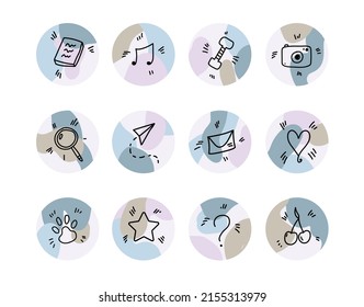 Doodle vector social media stories highlights covers. Lifestyle social media story cover. Doodle hand drawn social media icons collection 
