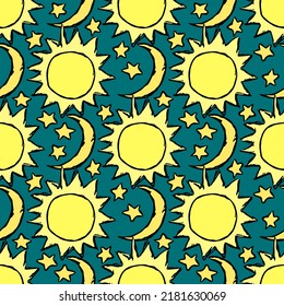 Doodle vector space illustration with moon, stars and sun. Seamless space pattern. Cosmos background.