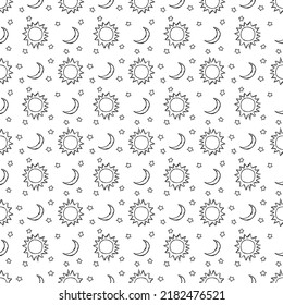 Doodle vector space illustration with moon, stars and sun. Seamless space pattern. Cosmos background.