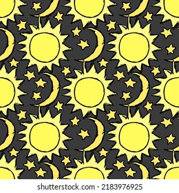 Doodle vector space illustration with moon, stars and sun. Seamless space pattern. Cosmos background.