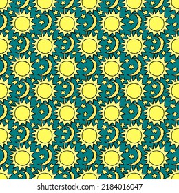 Ilustración del espacio vectorial Doodle con luna, estrellas y sol. Patrón de espacio sin foco. Fondo Cosmos.
