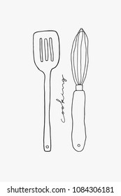 Doodle vector spatula and whisk line art. Hand drawn utensils on the white background. Kitchen design