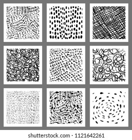 Doodle vector square tags, labels or greeting cards with textured lines, dots, scribbles and strokes for graphic design