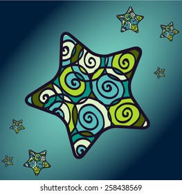 Doodle vector star with swirly spiral ornament on it surrounded by little stars on green gradient background