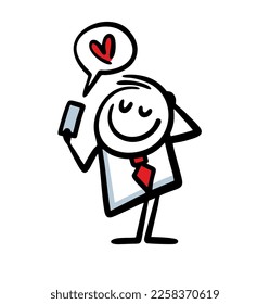 Doodle vector stickman gets love message via sms on smartphone in comic bubble heart. Funny lovely illustration of man in love.