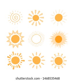 Doodle vector sun collection. Sunshine summer concept. Abstract warm shape. Cute Background