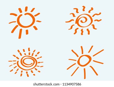 Doodle vector suns. Hand drawn. Cartoon style