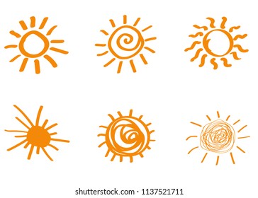 Doodle vector suns. Hand drawn. Cartoon style