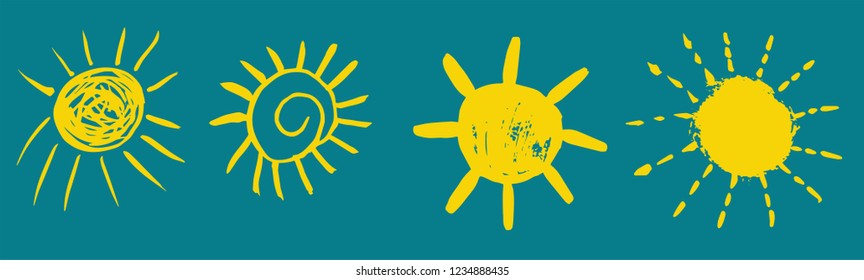 Doodle vector suns. Hand drawn, brush strokes. Cartoon style