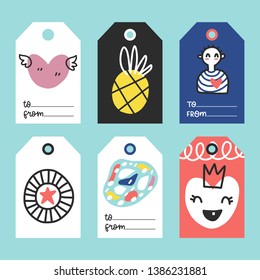 Doodle vector tags collection. Colorful different lables with phrases, pineapple and hearts.