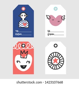Doodle vector tags collection. Colorful different lables with phrases, boy, heart and star.