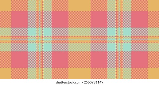 Doodle vector textile fabric, pink background check seamless. Graphic plaid tartan texture pattern in red and amber colors palette.