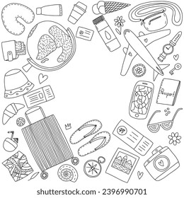 Doodle vector travel frame. Different travel objects in hand drawn style on white background