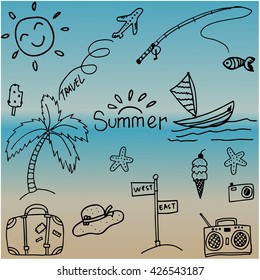 Doodle vector travel holiday beach for kids