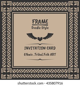 Doodle vector tribal ethnic style frame .Bohemian Invitation card. Folk style banner.
