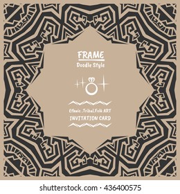 Doodle vector tribal ethnic style frame .Bohemian Invitation card. Folk style banner.