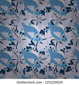 Doodle vector tropical fishes in blue, violet and green colors. Seamless pattern with cartoon reef fishes. Vector illustration.