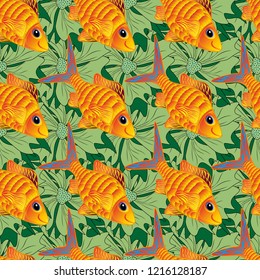 Doodle vector tropical fishes in orange, green and yellow colors. Vector illustration. Seamless pattern with cartoon reef fishes.
