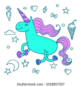Doodle Vector Unicorn card. Fancy childish style.