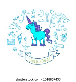 Doodle Vector Unicorn card. Fancy childish style.