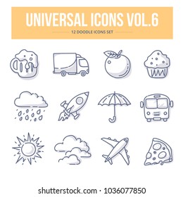 Doodle vector universal generic icons for website and printing materials. Include weather, food and transportation icons