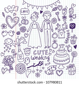 Doodle vector wedding set. Can be used for weddind invitation