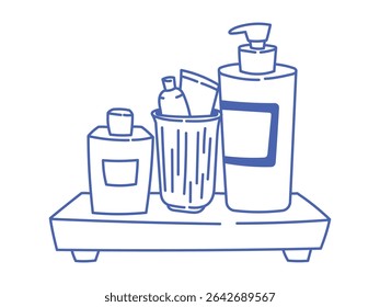 Doodle vector of a wooden bathroom shelf with hygiene essentials shampoo, glass with toothbrush and toothpaste. Hand-drawn blue outline, simple self-care and oral health concept.