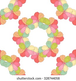 Doodle vector wreath flower seamless pattern. Rainbow floral print with leaves and flowers. Cute outline background.