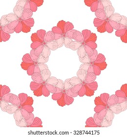Doodle vector wreath flower seamless pattern. Pink floral print with leaves and flowers. Cute outline background.