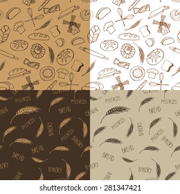 Doodle vector.Bakery,bread,pastries silhouette  icons seamless pattern,background,ornament.Vintage elements for logo,label,menu,cafe shop. Flat hand drawn isolated items.