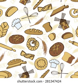 Doodle vector.Bakery,bread,pastries utensils icons seamless pattern,background,ornament.Colored vintage elements for logo,label,menu,cafe shop. Flat hand drawn isolated items.