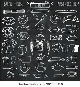 Doodle vector.Bakery,bread,pastries utensils icons set.Linear vintage elements for logo,label,menu,cafe shop. Flat hand drawn isolated items.Chalkboard background
