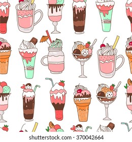 Doodle vector.Bakery,Cakes and dessert, pattern.Colored vintage icons,sweet elements background formenu,cafe shop. Flat hand drawn vintage collection.Backdrop,fabric,wallpaper