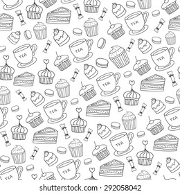Doodle vector.Bakery,Cakes and dessert, tea seamless pattern. Line vintage icons,sweet elements background formenu,cafe shop. Flat hand drawn vintage collection.Backdrop,fabric,wallpaper