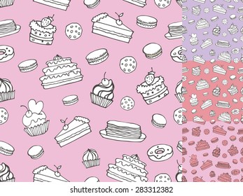 Doodle vector.Bakery,Cakes and dessert,pastries seamless pattern.Colored vintage icons,sweet elements background formenu,cafe shop. Flat hand drawn vintage collection.Backdrop,fabric,wallpaper