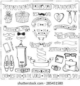 Doodle vector.Fathers day decor elements and lettering set.Linear  Hand drawing ribbons banner,badges,bow tie,male collection.For party invitation,card,template.Retro gentleman style