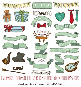 Doodle vector.Fathers day decor elements and lettering set.Linear  Hand drawing ribbons banner,badges,bow tie,male collection.For party invitation,card,template.Vintage ,Retro gentleman style