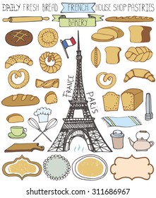Doodle vector.French Bakery,bread and pastries  icons set with Eiffel tower.Colored vintage elements for logo,label,menu,cafe shop. Flat hand drawn isolated items.Paris collection