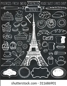 Doodle vector.French Bakery,Cakes,dessert,bread pastries  icons set with Eiffel tower.Chalkboard Linear vintage elements for logo,label,menu,cafe shop.Hand drawn isolated items.Isolated collection